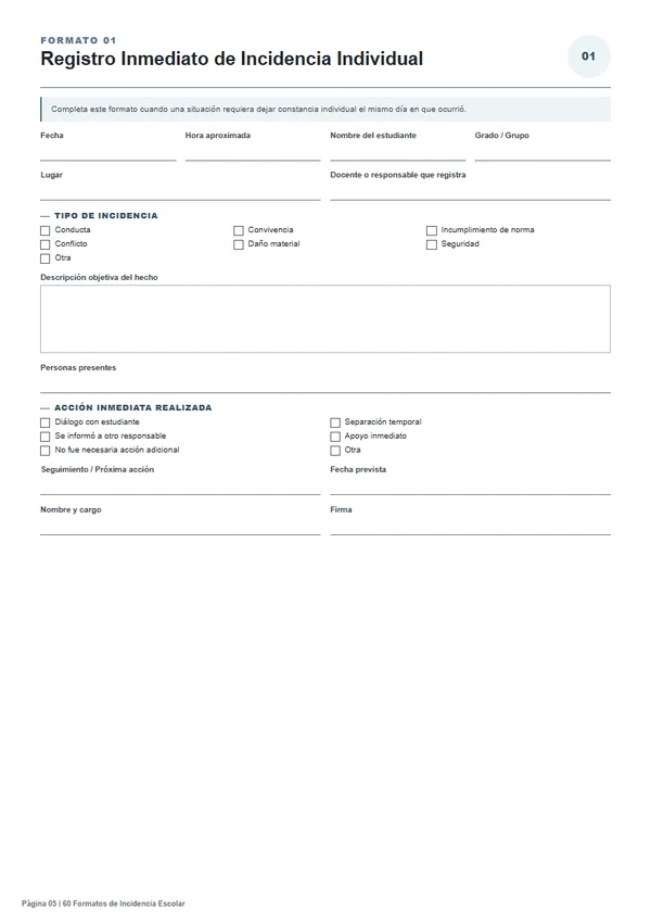 Formato 01 — Registro Inmediato de Incidencia Individual, página completa