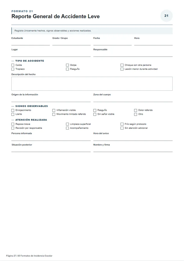 Formato 21 — Reporte General de Accidente Leve, página completa